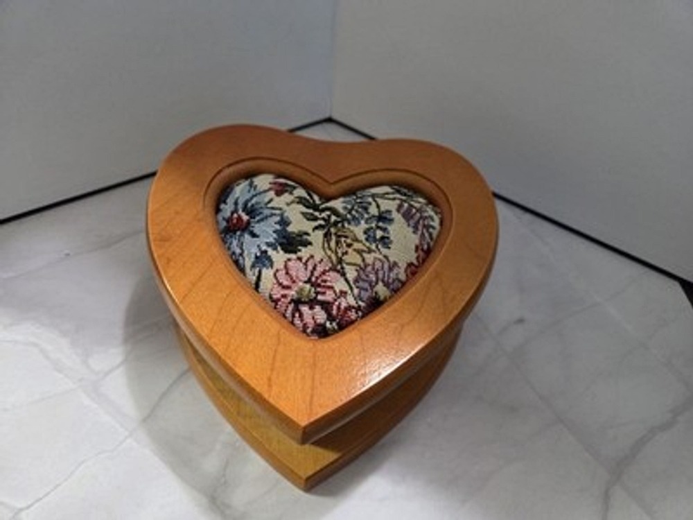 Vintage Heart Shaped Tapestry Wooden Jewelry Box